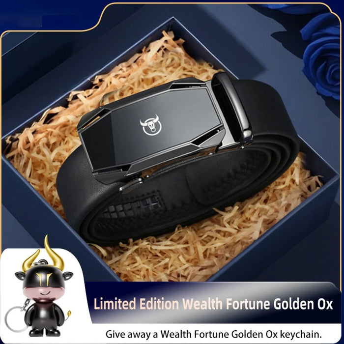 BULLCAPTAIN 0004 120cm Men Top Layer Cowhide Leather Belt Automatic Buckle Waistband with Keychain - Gold - 4