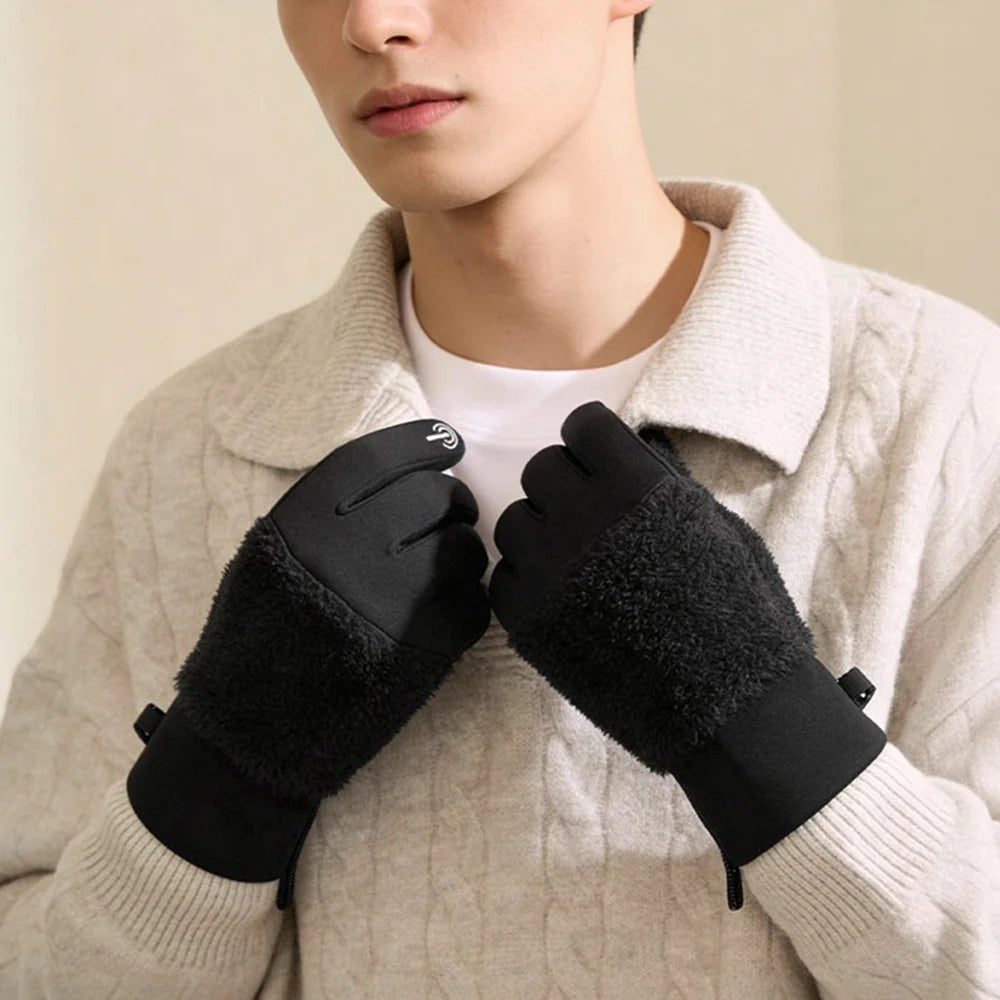 DY58 Men Winter Thermal Gloves Anti Slip Fleece Lined Windproof Cycling Motorcycle Touchscreen Mittens - Black - 3