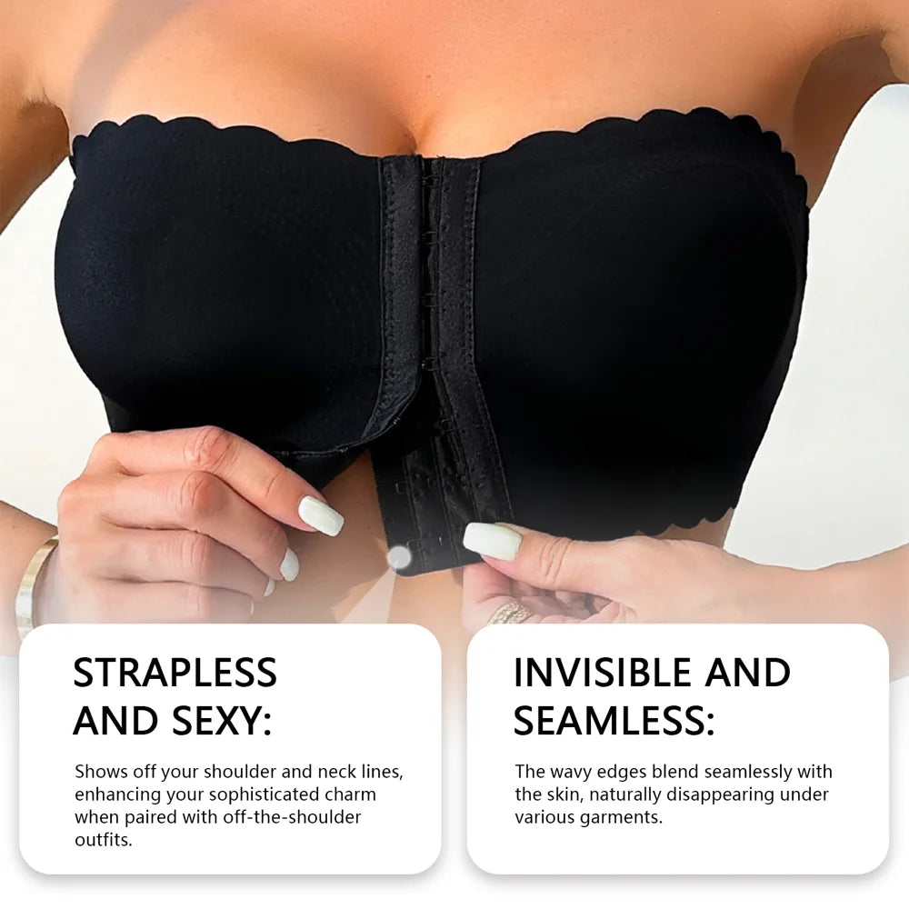 ZERILUNA Sexy Wave Edge Seamless Invisible Bra with Front Closure Push Up Strapless Brassiere - 4