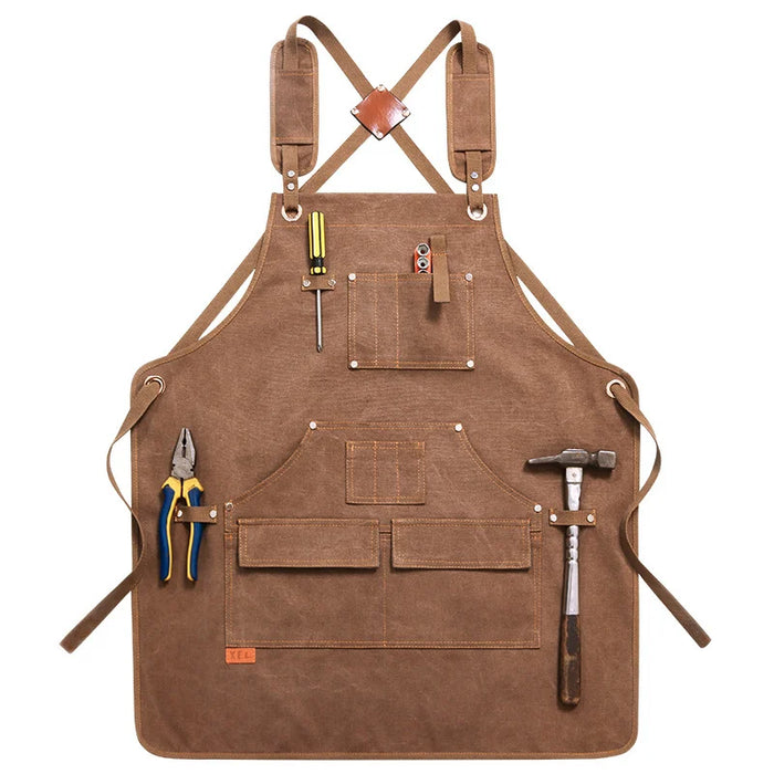 Multi-Pocket Heavy Duty Canvas Work Apron with Cross Back Straps for Woodworking BBQ Outdoor - Light Brown - 1