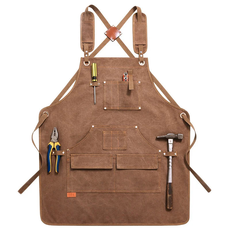 Multi-Pocket Heavy Duty Canvas Work Apron with Cross Back Straps for Woodworking BBQ Outdoor - Light Brown - 1