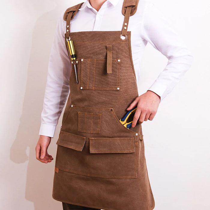 Multi-Pocket Heavy Duty Canvas Work Apron with Cross Back Straps for Woodworking BBQ Outdoor - Light Brown - 2