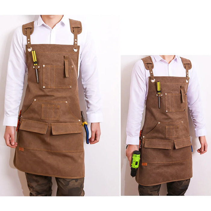 Multi-Pocket Heavy Duty Canvas Work Apron with Cross Back Straps for Woodworking BBQ Outdoor - Light Brown - 3