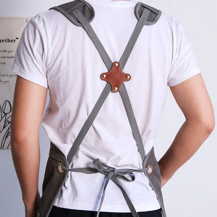 Multi-Pocket Heavy Duty Canvas Work Apron with Cross Back Straps for Woodworking BBQ Outdoor - Light Brown - 4