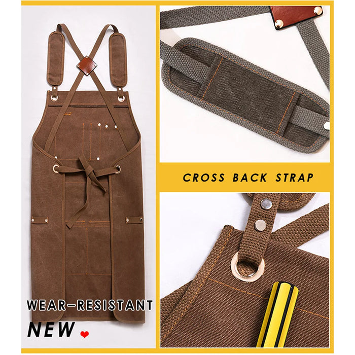 Multi-Pocket Heavy Duty Canvas Work Apron with Cross Back Straps for Woodworking BBQ Outdoor - Light Brown - 5