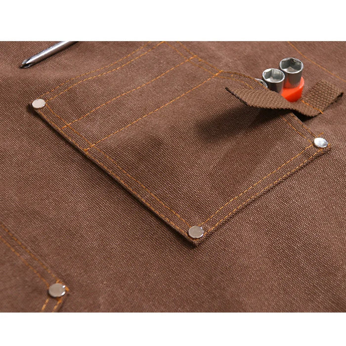 Multi-Pocket Heavy Duty Canvas Work Apron with Cross Back Straps for Woodworking BBQ Outdoor - Light Brown - 6