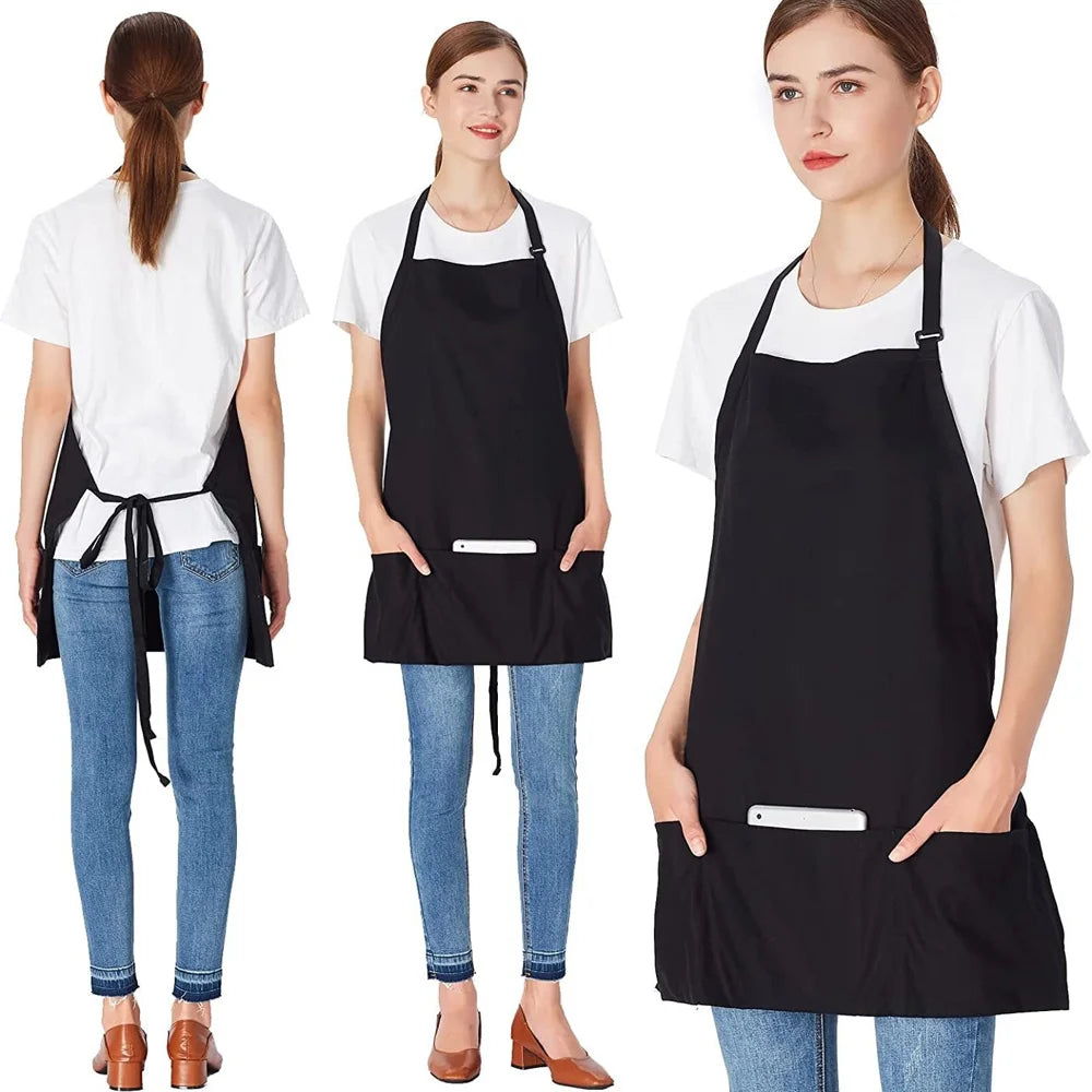Polyester Adjustable Neck Apron with 3 Pockets for Kitchen Cafe Restaurant Gardening - Black - 1
