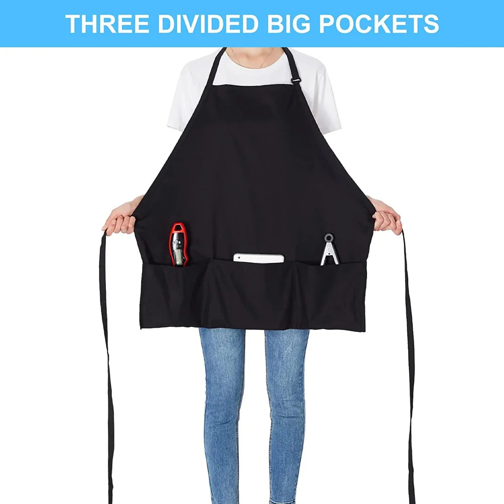 Polyester Adjustable Neck Apron with 3 Pockets for Kitchen Cafe Restaurant Gardening - Black - 3