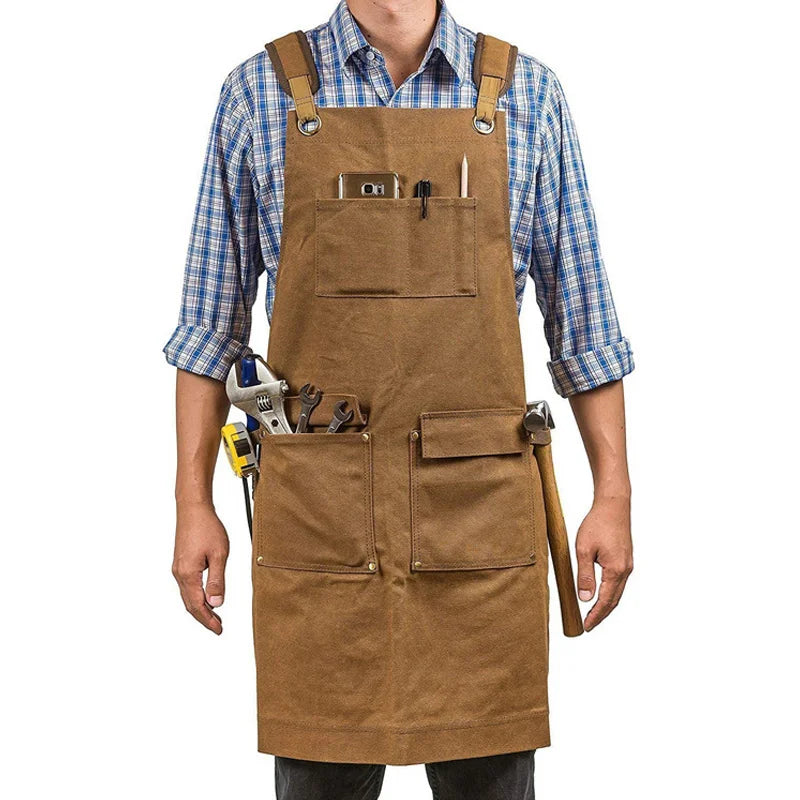 Heavy Duty Canvas Work Apron with 6 Pockets for Woodworking Electrician Mechanic - Camel - 1