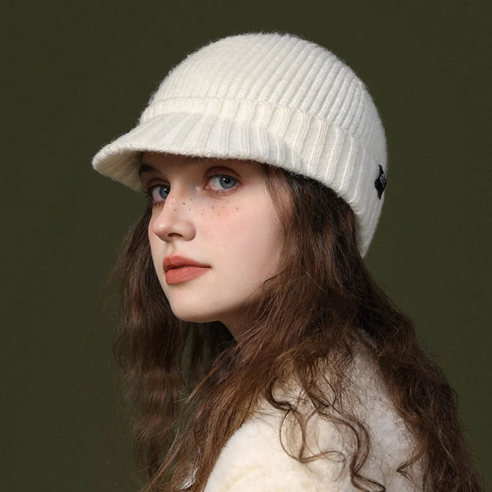 GOLOVEJOY DMZ94 Women Winter Short Brim Warm Cap Windproof Knitted Duckbill Hat - Beige - 4