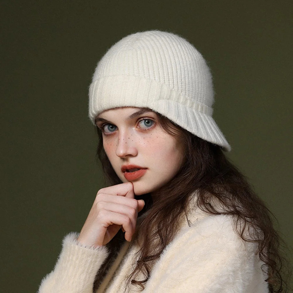 GOLOVEJOY DMZ94 Women Winter Short Brim Warm Cap Windproof Knitted Duckbill Hat - Beige - 6