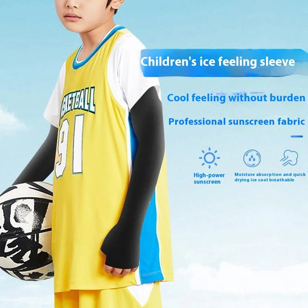 Ice Silk Arm Sleeves for Children UV Protection Fingerless Cooling Arm Cover for Outdoor Sports - Sapphire - 3