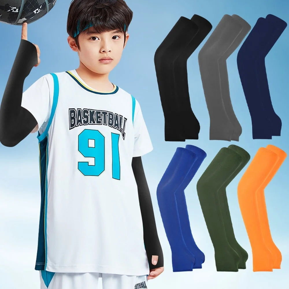 Ice Silk Arm Sleeves for Children UV Protection Fingerless Cooling Arm Cover for Outdoor Sports - Sapphire - 4
