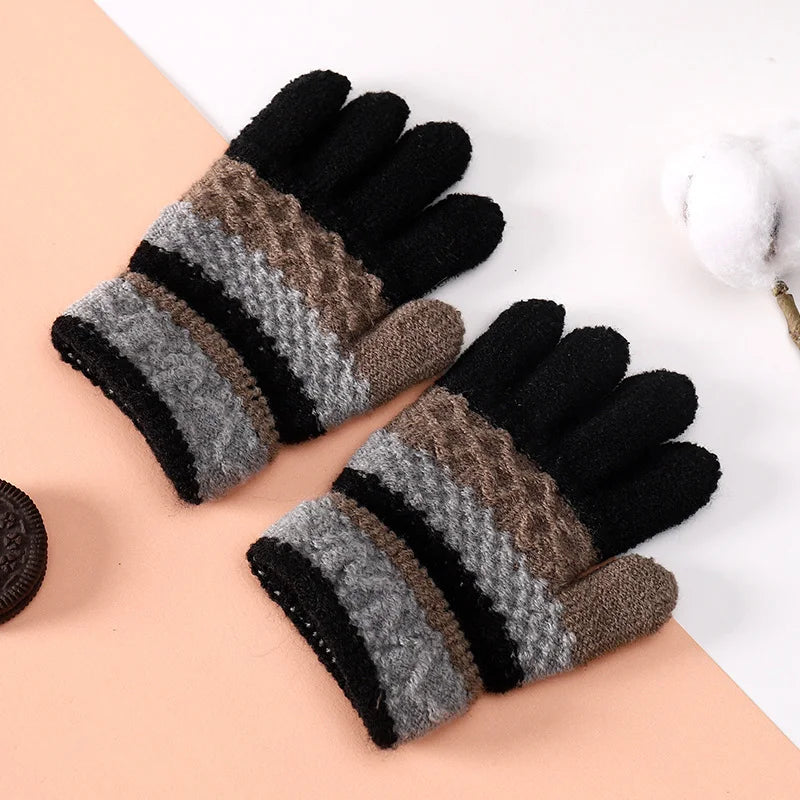 1 Pair Knitted Gloves for 3-6 Years Kids Striped Full Fingers Knitted Warm Gloves Winter Mittens - Black/One Size - 1