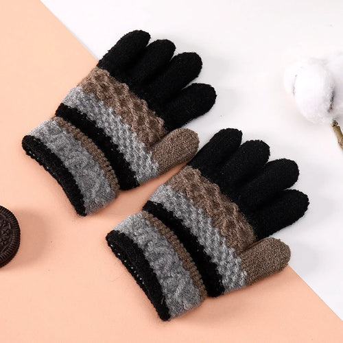 1 Pair Knitted Gloves for 3-6 Years Kids Striped Full Fingers Knitted Warm Gloves Winter Mittens - Black/One Size - 1