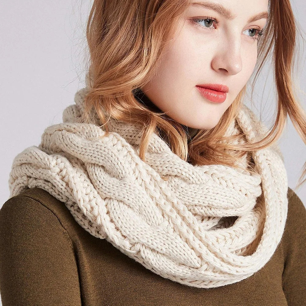 Winter Knitted Scarf Thickened Fleece Lined Warm Neck Warmer Cable Knit Pattern Soft Cozy for Cold Weather - Beige - 2