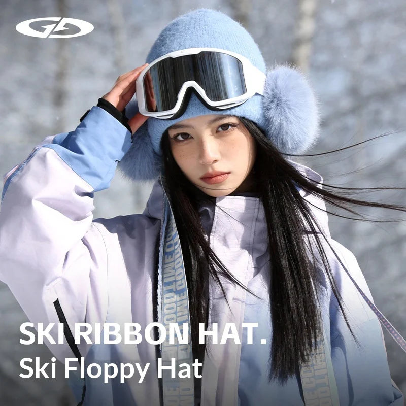 DMZ147 Women Winter Knit Hat with Ribbons Ear Protection Windproof Fleece Lined Warm Beanie for Skiing Hiking - Blue - 2