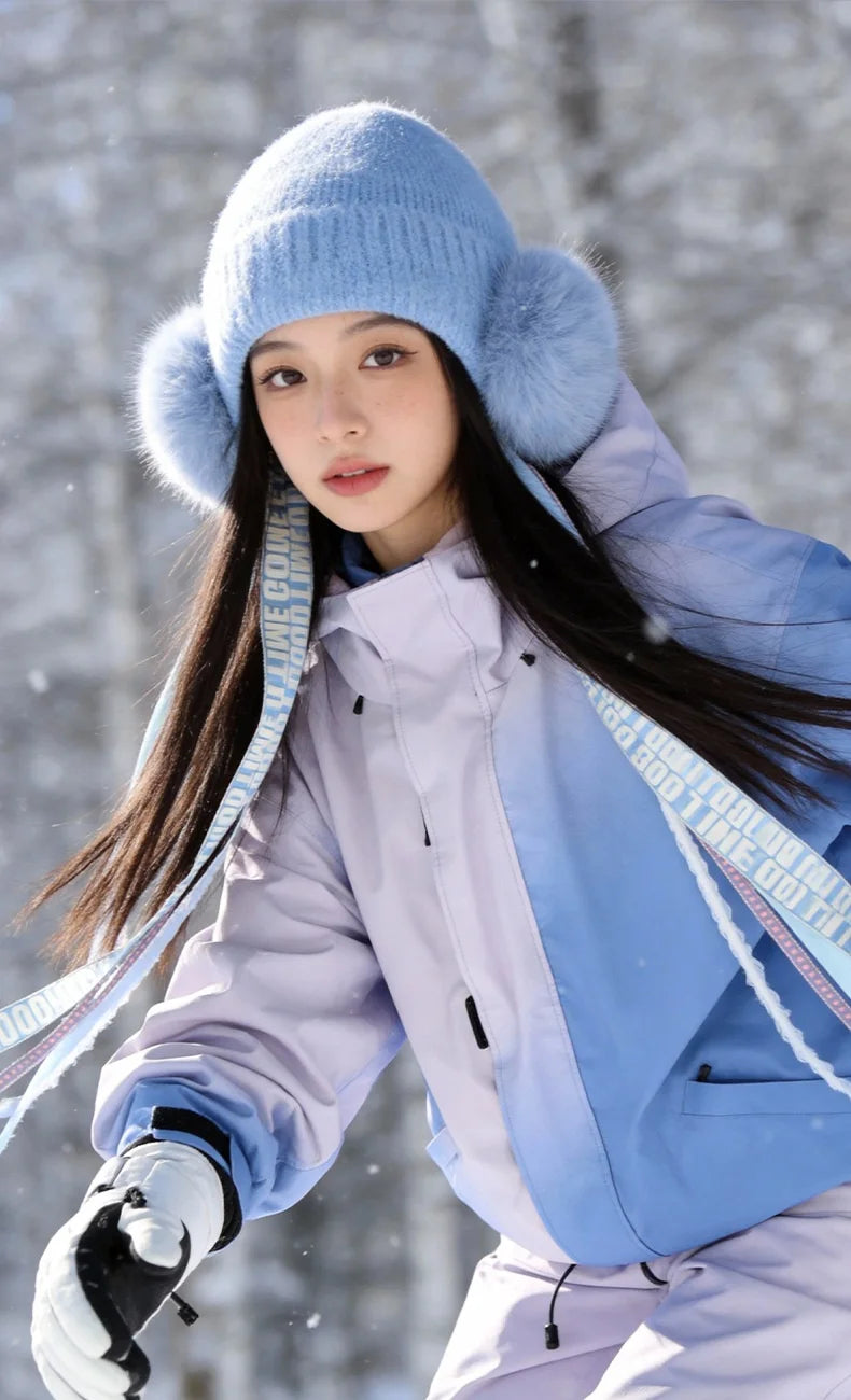 DMZ147 Women Winter Knit Hat with Ribbons Ear Protection Windproof Fleece Lined Warm Beanie for Skiing Hiking - Blue - 3