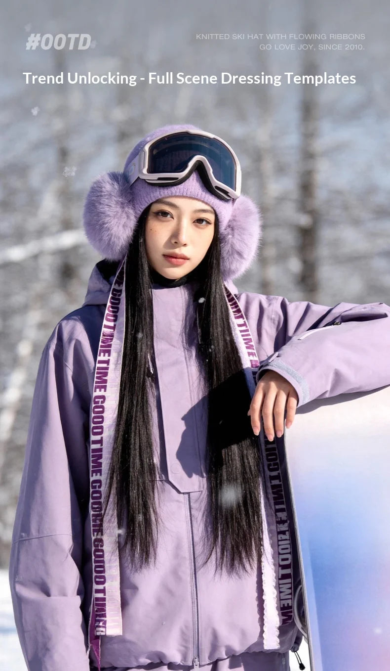 DMZ147 Women Winter Knit Hat with Ribbons Ear Protection Windproof Fleece Lined Warm Beanie for Skiing Hiking - Blue - 4