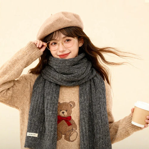 DWJ61 180cm x 30cm Korean Style Winter Warm Scarf for Women Solid Color Knitted Neck Warmer - Dark Gray - 1