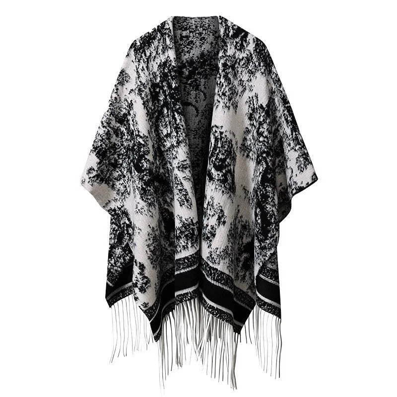 DWJ60 Ethnic Ink Painting Shawl Cape Multi-purpose Women Scarf with Tassels for Autumn Winter - Ink Black - 1