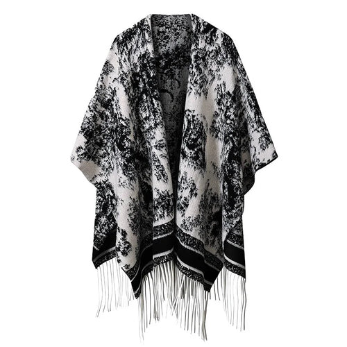 DWJ60 Ethnic Ink Painting Shawl Cape Multi-purpose Women Scarf with Tassels for Autumn Winter - Ink Black - 1