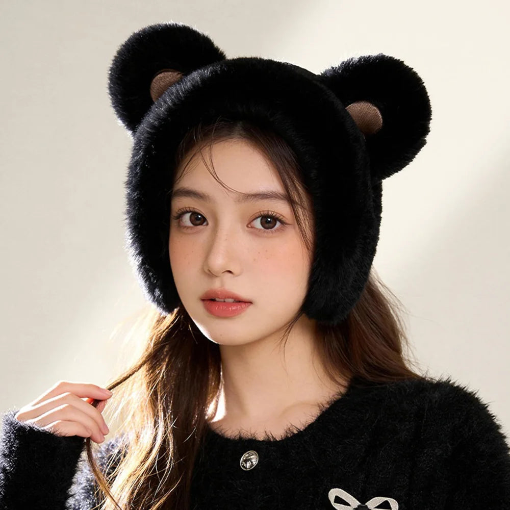 DEZ56 Cute Bear Ears Design Winter Earmuffs for Women Outdoor Windproof Ear Warmers - Black - 2