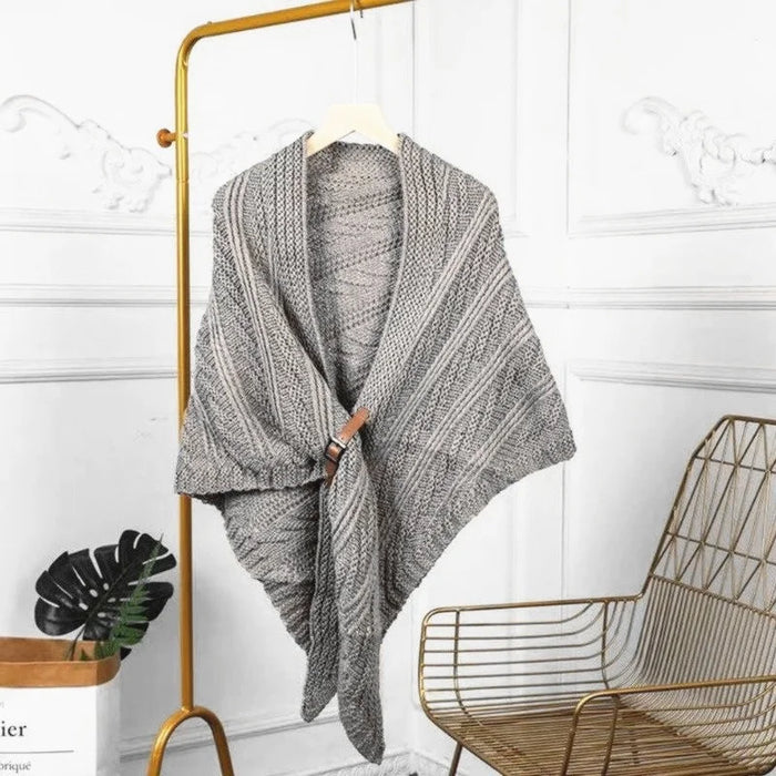 Solid Color Triangle Shawl Cape for Women Fashion Knitted Scarf Wrap with Leather Buckle - Gray - 1