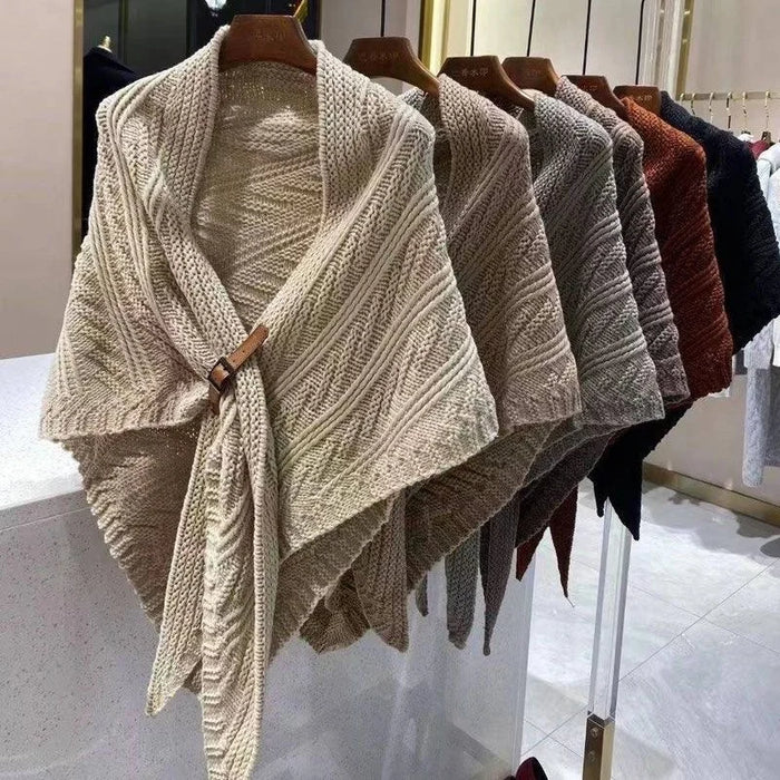 Solid Color Triangle Shawl Cape for Women Fashion Knitted Scarf Wrap with Leather Buckle - Gray - 3