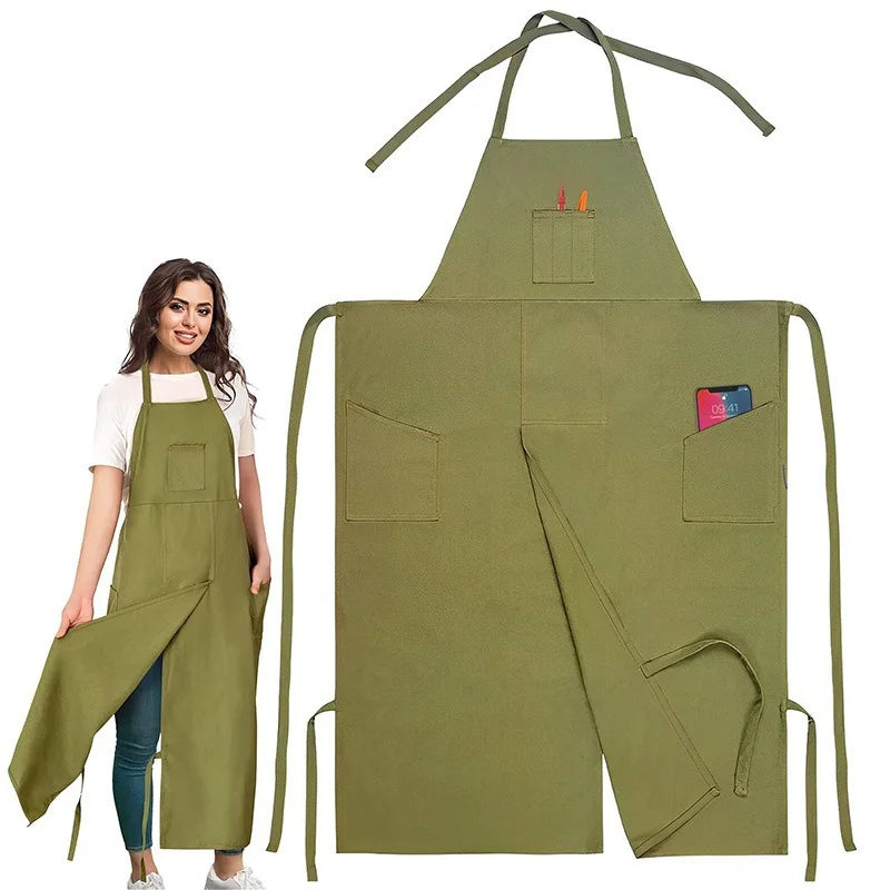 Long Apron Stain-Resistant Multi-Pocket Canvas Split-Leg Work Apron with Adjustable Neck Strap - Green - 2