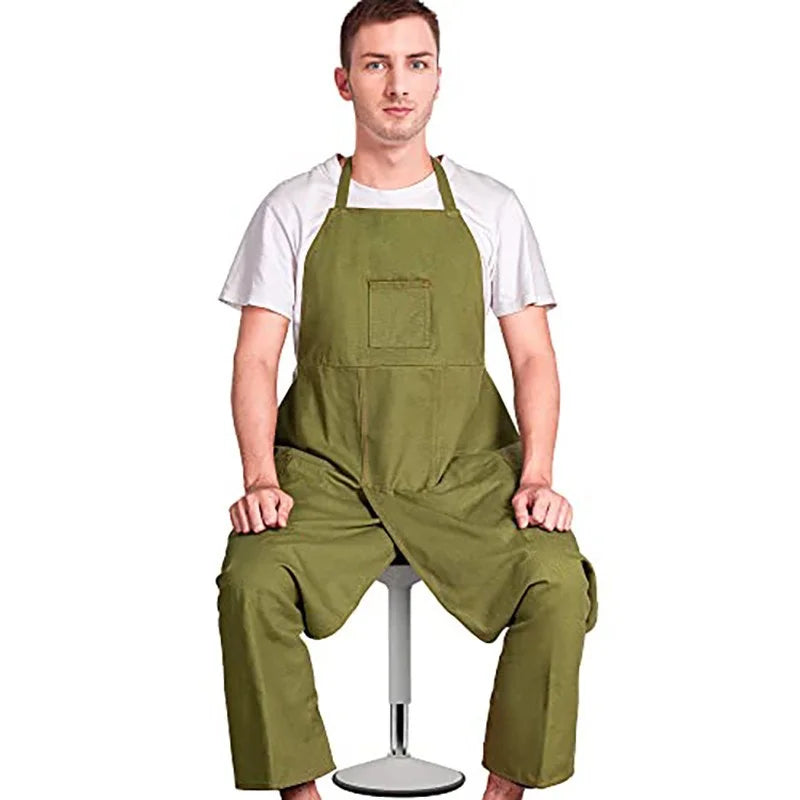 Long Apron Stain-Resistant Multi-Pocket Canvas Split-Leg Work Apron with Adjustable Neck Strap - Green - 3