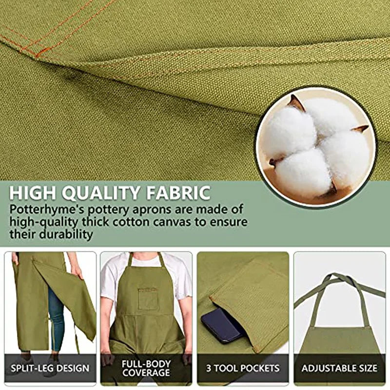 Long Apron Stain-Resistant Multi-Pocket Canvas Split-Leg Work Apron with Adjustable Neck Strap - Green - 4