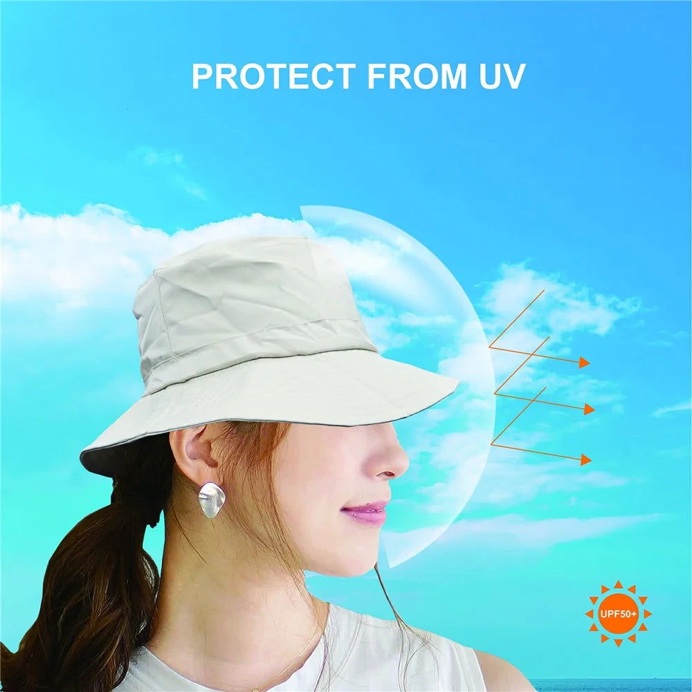 PICTET.FINO RH55 Summer Beach Women Folding Bucket Cap UPF50+ Sun Protection Fisherman Hat - Beige - 3
