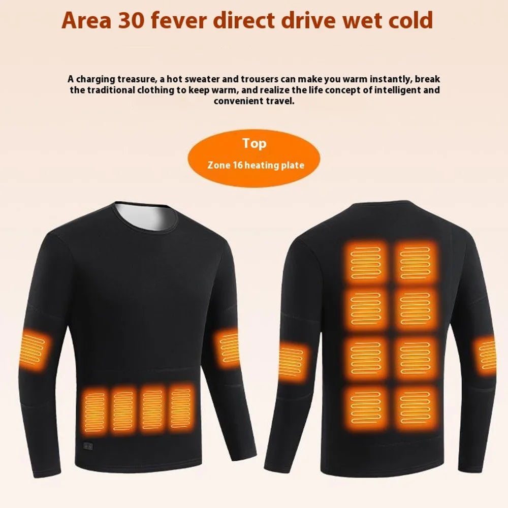 1805-30 Winter 30 Heating Zones Thermal Underwear Electric Heating Cold-Proof Underwear Suit (Without Power Bank) - Black / M - 5