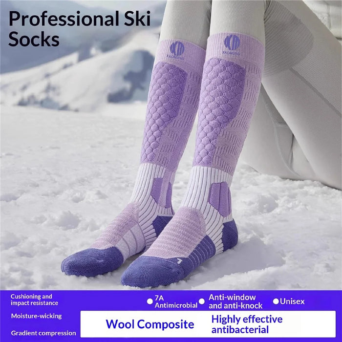 XAOMUYG M Size 35-39 Professional Ski Socks Wool Blend Compression Long Tube Winter Sports Socks for Outdoor Hiking Cycling - Purple - 2
