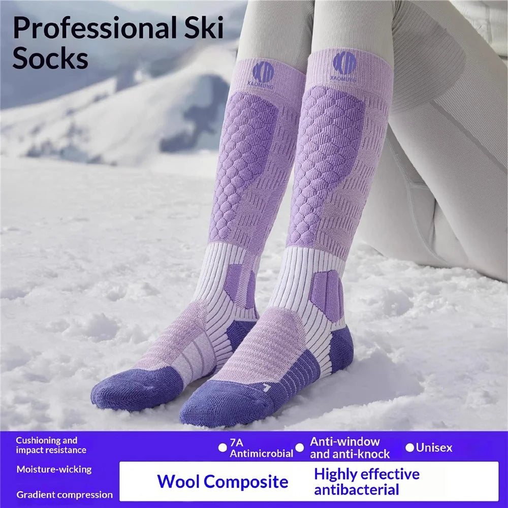 XAOMUYG L Size 40-45 Wool Blend Ski Socks Professional Winter Warm Thick Compression Long Tube Socks for Skiing Sports - Purple - 2