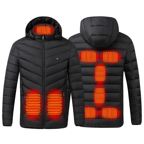 USB Electric Heating Warm Cloth Long Sleeve Cotton Hooded Heated Coat 9-Zones Heating Jacket (without Power Bank) - Black / M - 1