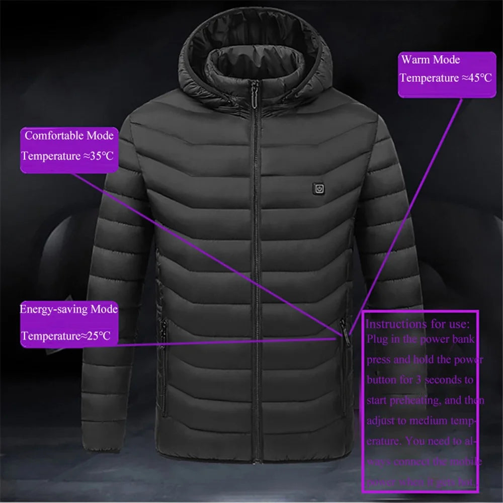 USB Electric Heating Warm Cloth Long Sleeve Cotton Hooded Heated Coat 9-Zones Heating Jacket (without Power Bank) - Black / M - 4