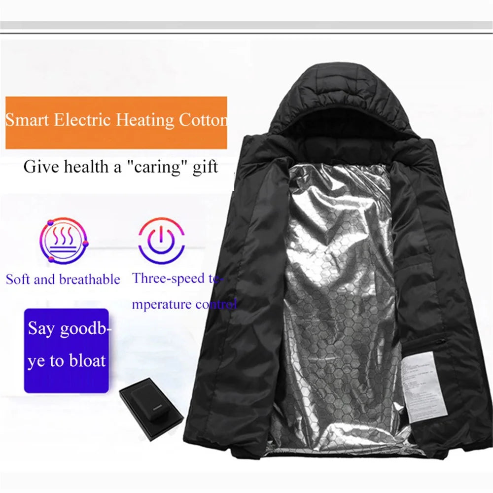 USB Electric Heating Warm Cloth Long Sleeve Cotton Hooded Heated Coat 9-Zones Heating Jacket (without Power Bank) - Black / M - 6