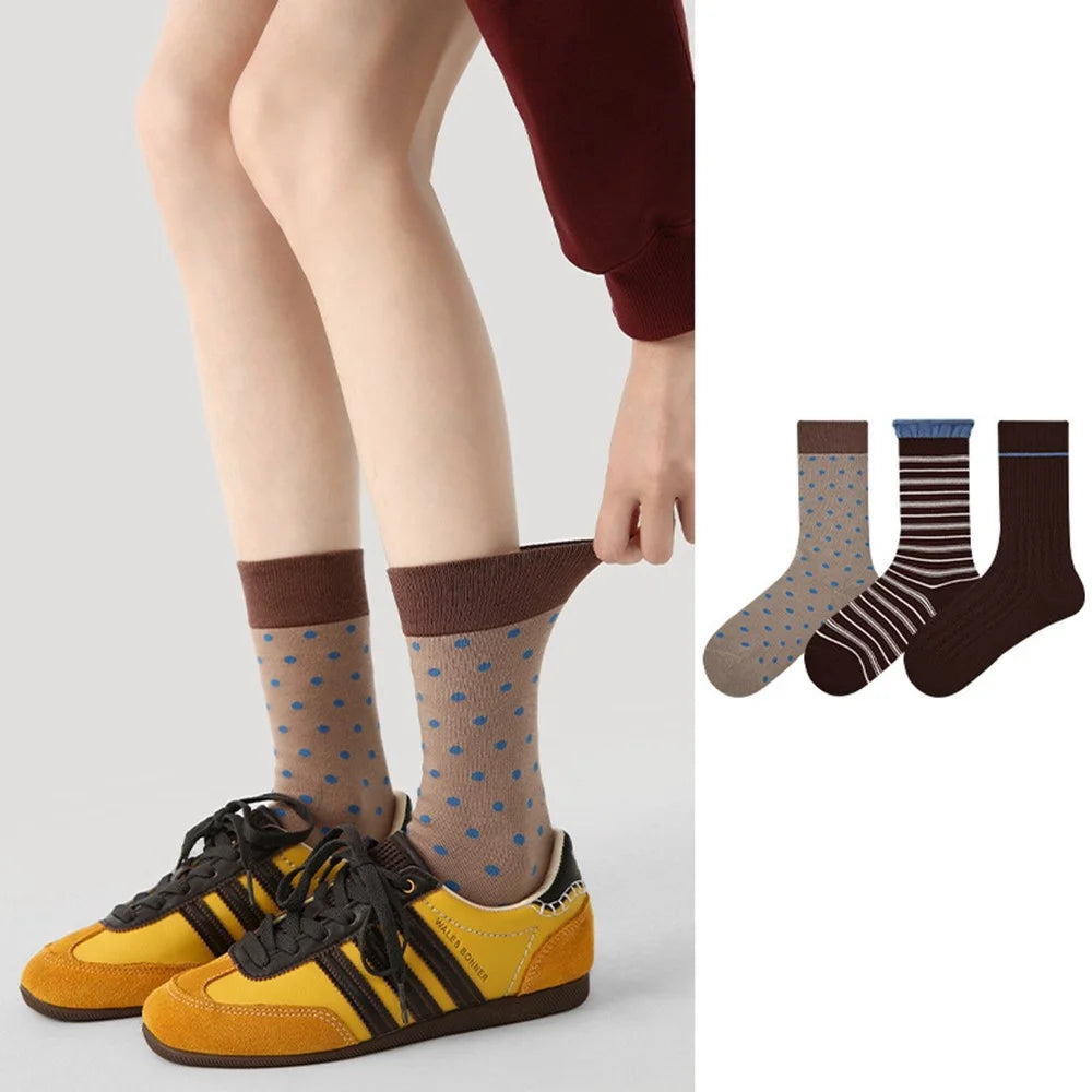 3 Pairs Fashion Cotton Socks Breathable Moisture Wicking Elastic Mid Calf Socks for Women - R9105 - 2