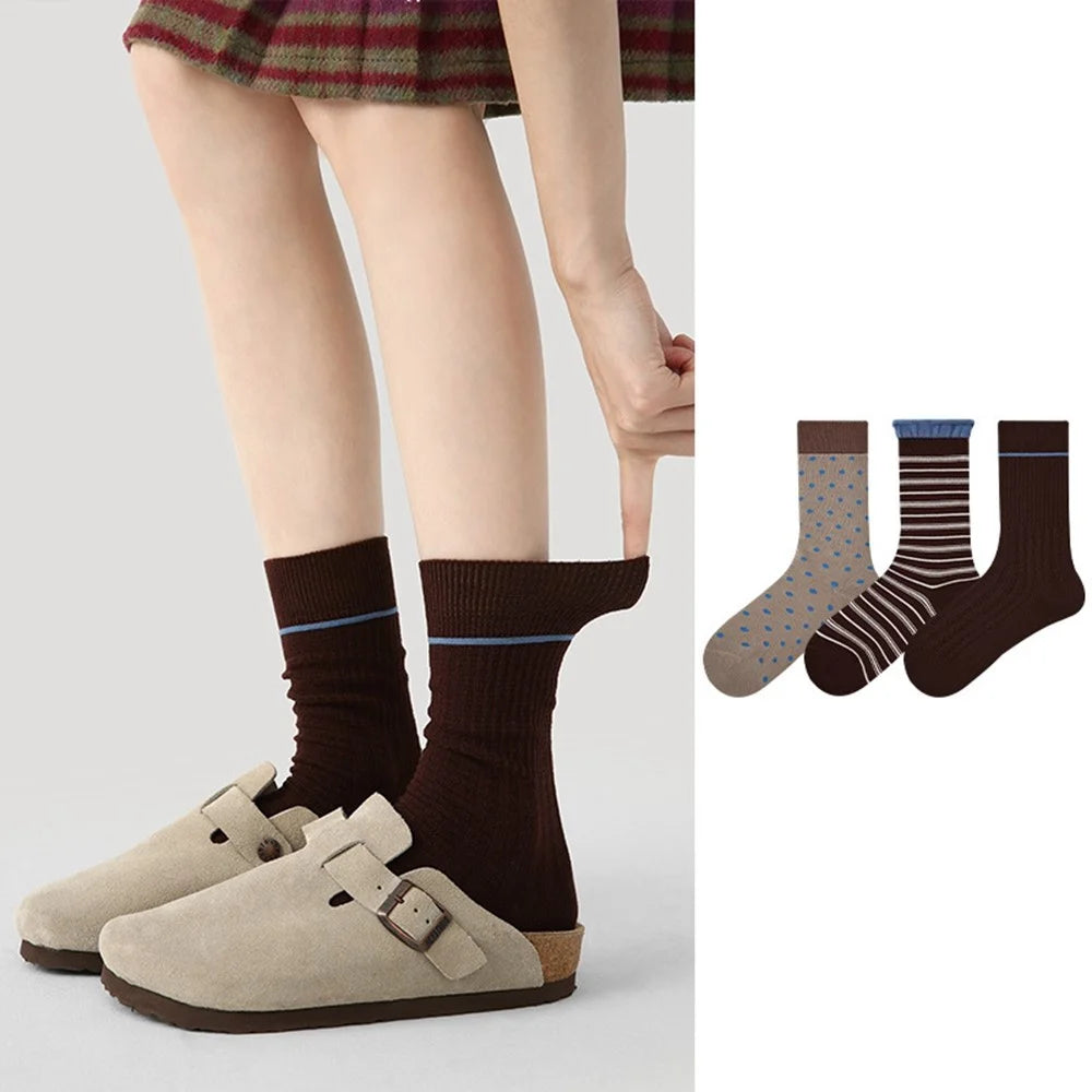 3 Pairs Fashion Cotton Socks Breathable Moisture Wicking Elastic Mid Calf Socks for Women - R9105 - 3