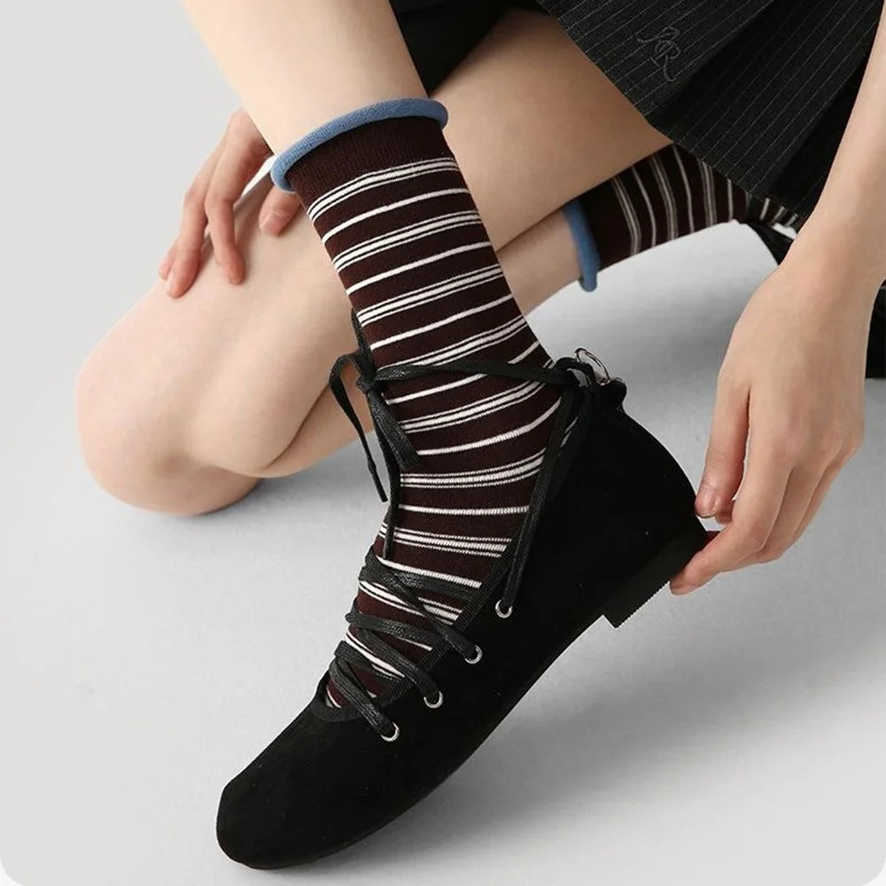 3 Pairs Fashion Cotton Socks Breathable Moisture Wicking Elastic Mid Calf Socks for Women - R9105 - 4