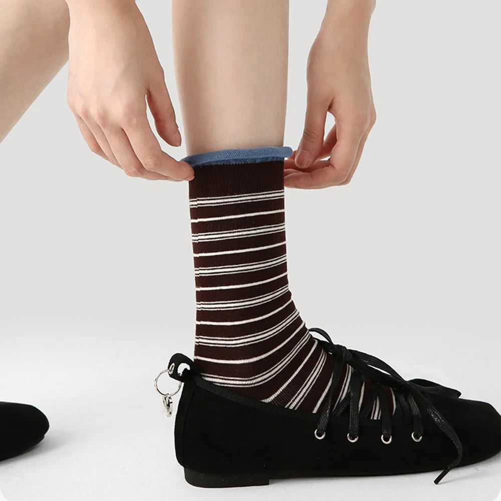 3 Pairs Fashion Cotton Socks Breathable Moisture Wicking Elastic Mid Calf Socks for Women - R9105 - 5