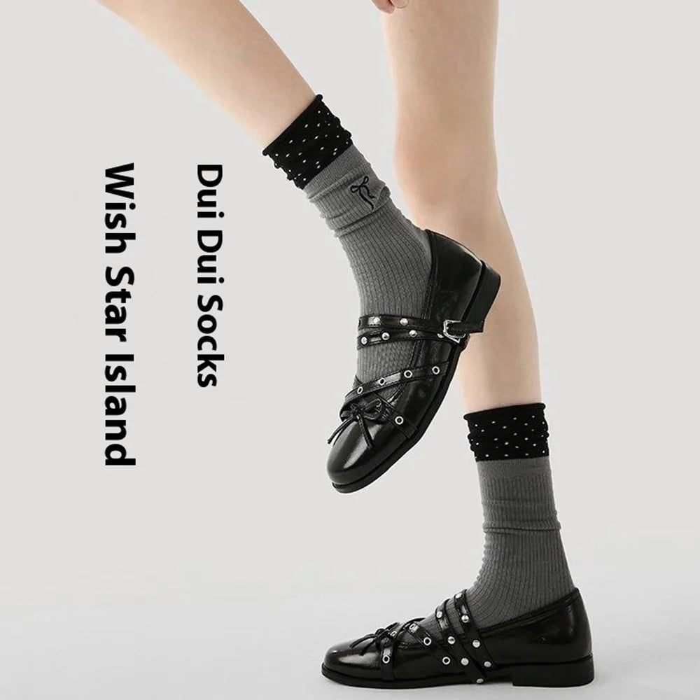 1 Pair Breathable Mid Calf Socks for Women Fashion Elastic Moisture Wicking Cotton Socks - R9175 - 2