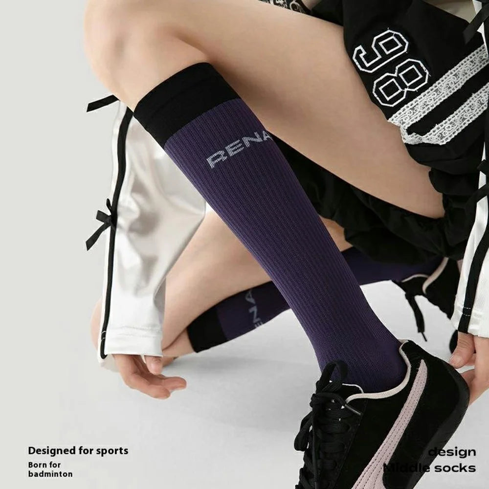 1 Pair Gradient Compression Women Athletic Socks for Running Hiking Cycling Breathable High Tube Socks - S0054 - 2
