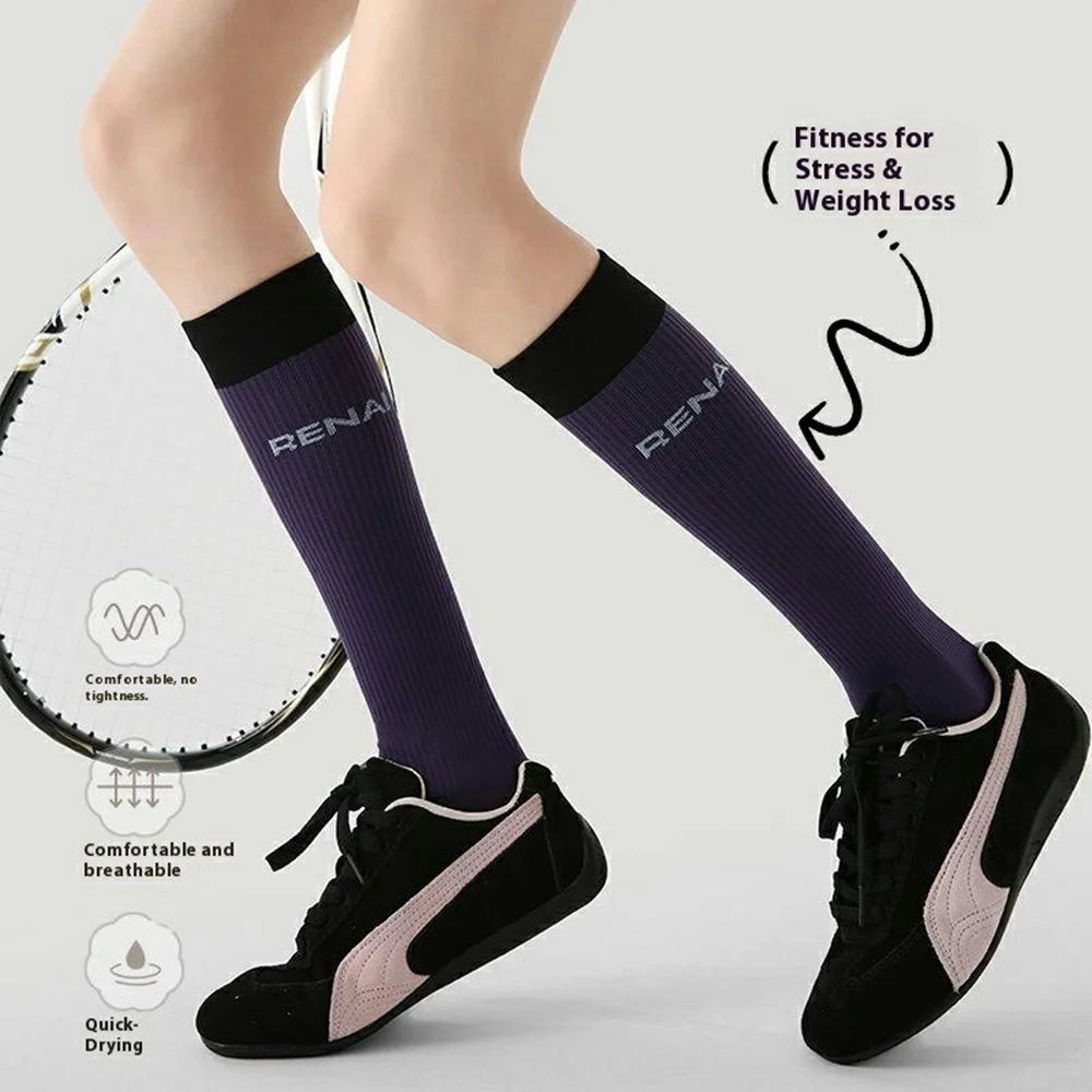1 Pair Gradient Compression Women Athletic Socks for Running Hiking Cycling Breathable High Tube Socks - S0054 - 3