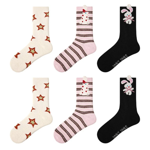 3 Pairs Coral Fleece Mid Calf Socks for Women Cartoon Animal Pattern Winter Thick Warm Sleep Socks - R9187 - 1