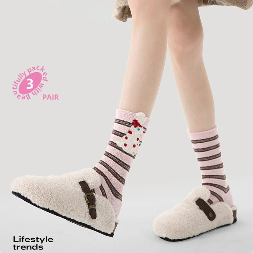 3 Pairs Coral Fleece Mid Calf Socks for Women Cartoon Animal Pattern Winter Thick Warm Sleep Socks - R9187 - 2