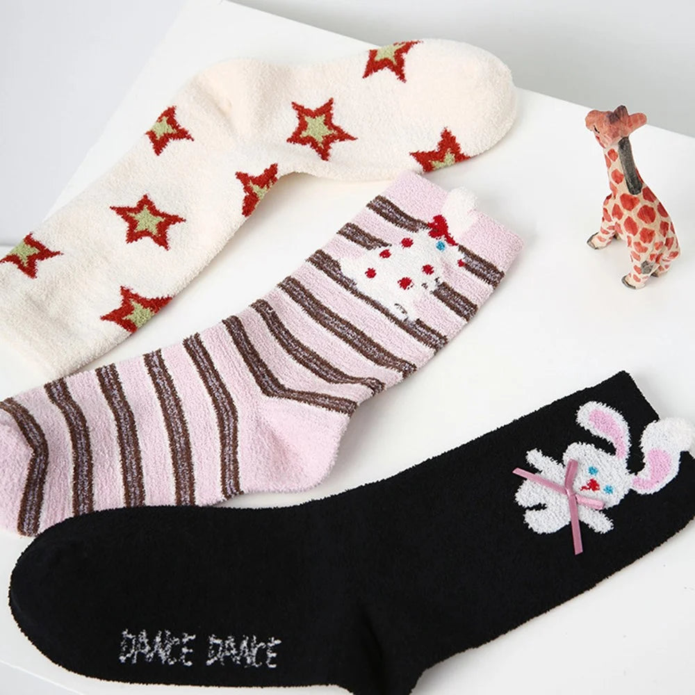 3 Pairs Coral Fleece Mid Calf Socks for Women Cartoon Animal Pattern Winter Thick Warm Sleep Socks - R9187 - 3