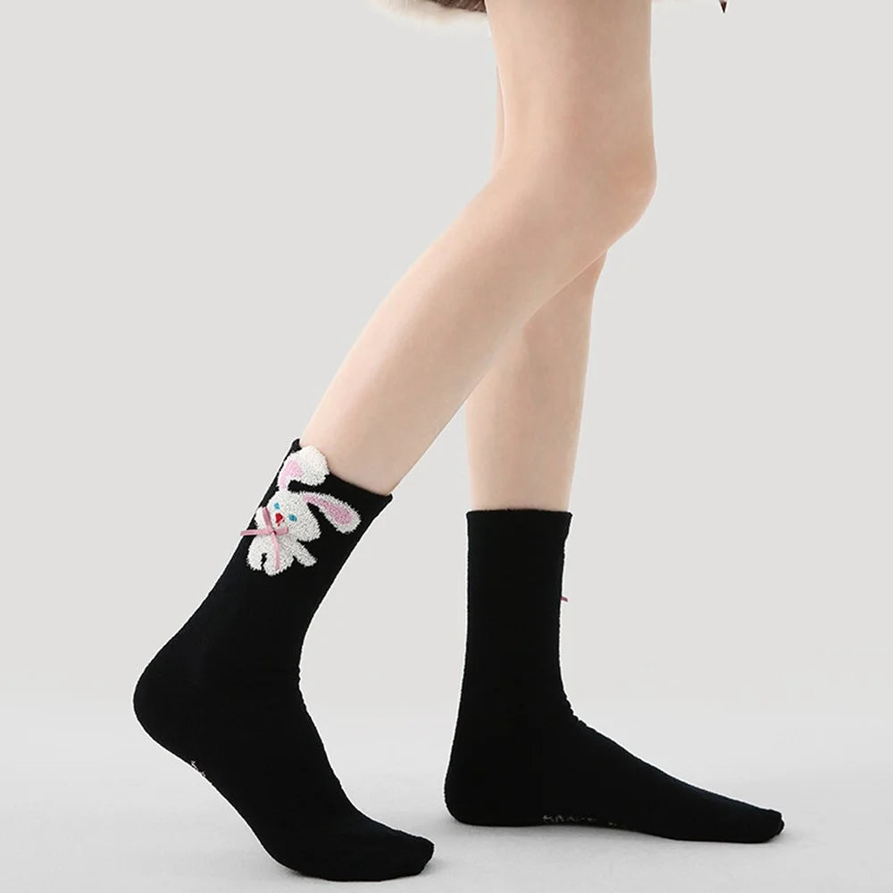 3 Pairs Coral Fleece Mid Calf Socks for Women Cartoon Animal Pattern Winter Thick Warm Sleep Socks - R9187 - 4